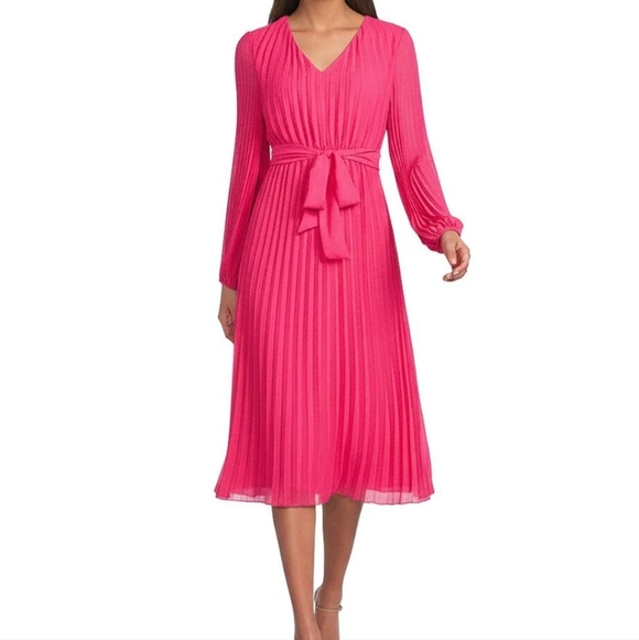 Sam Edelman Dresses & Skirts - Sam Edelman Chiffon V-Neck Long Sleeve Pleated A-Line Midi Dress In Color Red